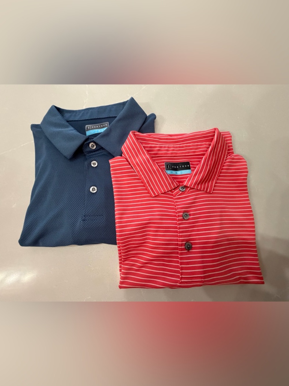 2 PGA TOUR Polos: Coral Striped Polo and Blue Micro Pattern Golf Polo Bundle XL